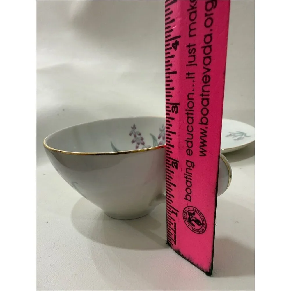 R KPM Krister Germany White Porcelain Teacup Saucer Set F669. 27 Purple Floral